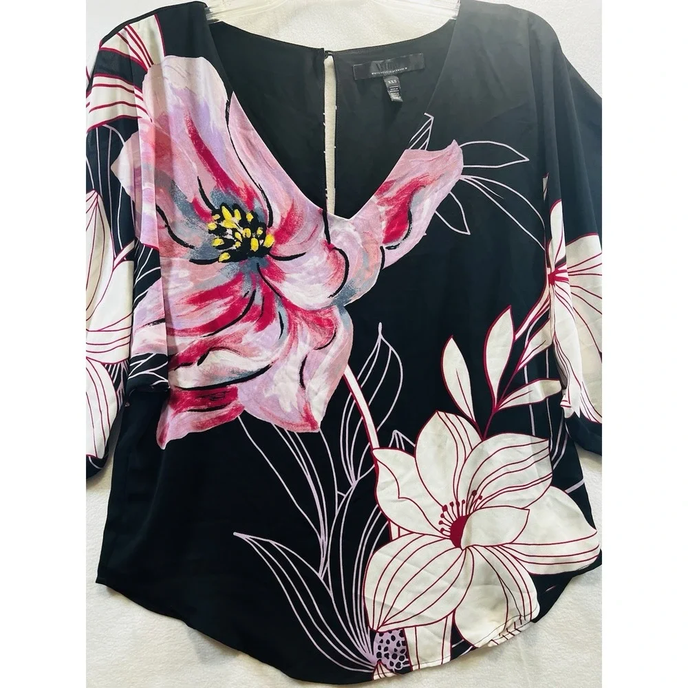 White House Black Market Floral Blouse Womens Size XXS Black Pink Dolman V-Neck - Picture 2 of 9
